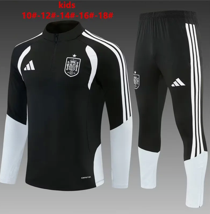Youth 2026-2027 Spain Black/White Soccer Training Sweater and Pants Child Football Kit