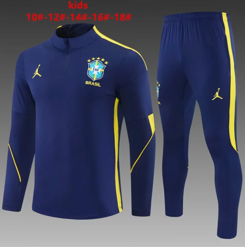 Youth 2026-2027 Brazil Dark Blue Soccer Training Sweater and Pants Child Football Kit