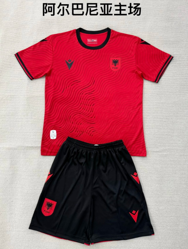 Youth Uniform Kids Kit 2026 Albania Home Soccer Jersey Shorts Child Football Set