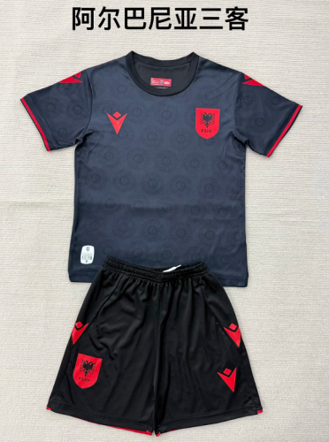 Youth Uniform Kids Kit 2026 Albania Third Away Black Soccer Jersey Shorts Child Football Set
