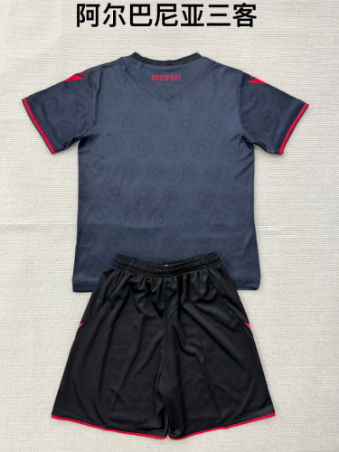 Youth Uniform Kids Kit 2026 Albania Third Away Black Soccer Jersey Shorts Child Football Set