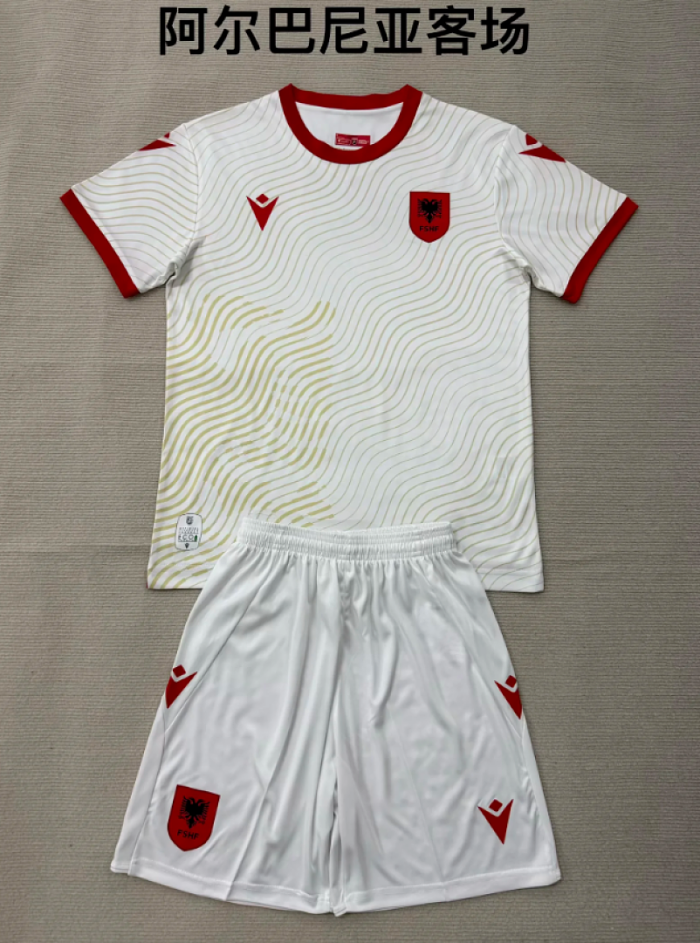 Youth Uniform Kids Kit 2026 Albania Away White Soccer Jersey Shorts Child Football Set