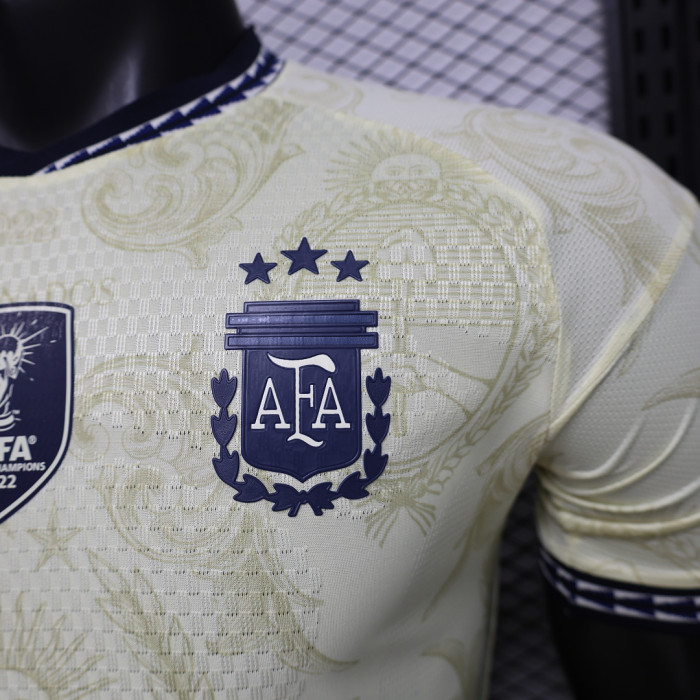 with FIFA World Champions 2022 Patch Player Version 2026 Argentina Light Yellow Soccer Jersey Camisetas de Futbol