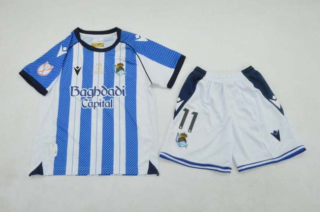 with Front Lettering+Copa De Rey Patch Youth Uniform Kids Kit 2025-2026 Real Sociedad copa de rey final Home Soccer Jersey Shorts Child Football Set