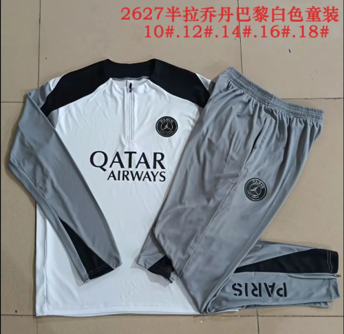 Youth 2026-2027 PSG White/Grey Soccer Training Sweater and Pants Child Football Kit