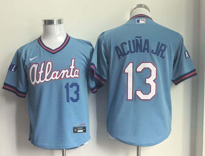 Youth Kids City Edition Atlanta Braves ACUNA JR. 13 Light Blue Baseball Cool Shirt Child MLB Jersey