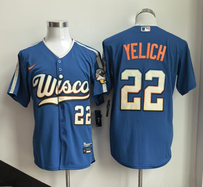 Milwaukee Brewers YELICH 22 Blue BaseBall Cool Jersey MLB Shirt