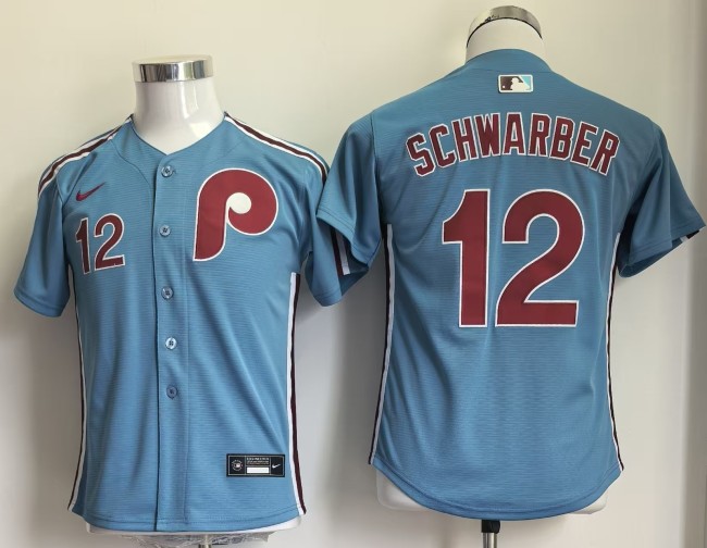 Youth Kids Philadelphia Phillies 12 SCHWARBER Blue Base Jersey Child MLB Shirt