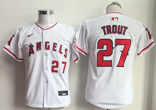 Youth Kids Los Angeles Angels of Anaheim 27 TROUT White Cool Base Jersey Child MLB Shirt