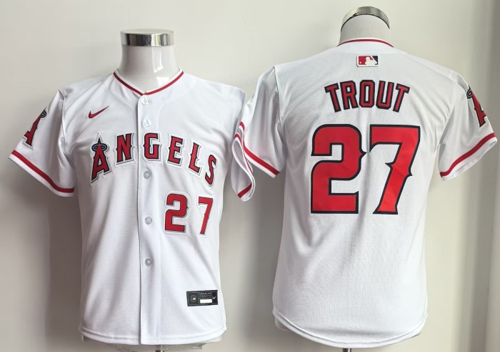 Youth Kids Los Angeles Angels of Anaheim 27 TROUT White Cool Base Jersey Child MLB Shirt