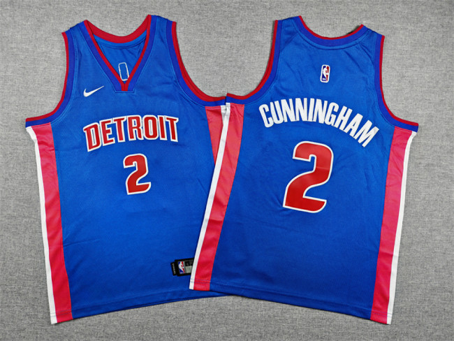 Youth Kids Detroit Pistons 2 CUNNINGHAM Blue NBA Jersey Child Basketball Shirt
