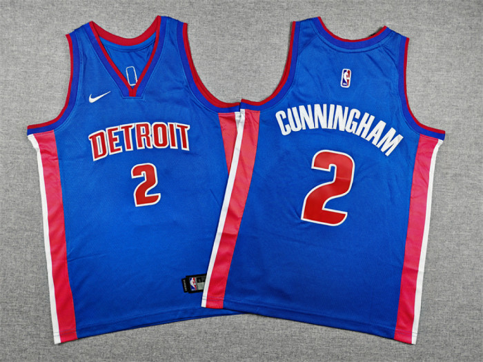Youth Kids Detroit Pistons 2 CUNNINGHAM Blue NBA Jersey Child Basketball Shirt