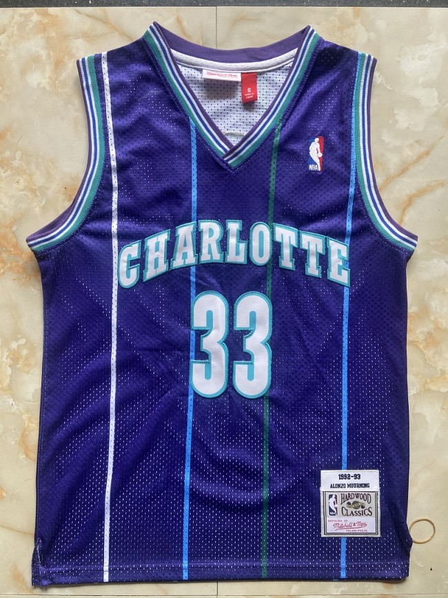 Mitchell&ness 1992-93 Charlotte Hornets MOURNING 33 Purple Basketball Shirt Adult NBA Jersey