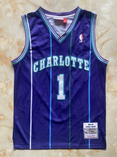 Mitchell&ness 1992-93 Charlotte Hornets BOGUES 1 Purple Basketball Shirt Adult NBA Jersey