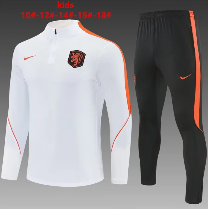Youth 2026-2027 Netherlands White Soccer Training Sweater and Pants Holland Child Football Kit