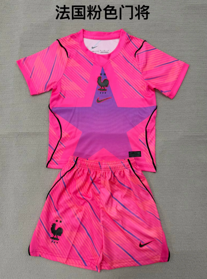 Youth Uniform Kids Kit 2026 France Pink Goalkeeper Soccer Jersey Shorts Child Football Set