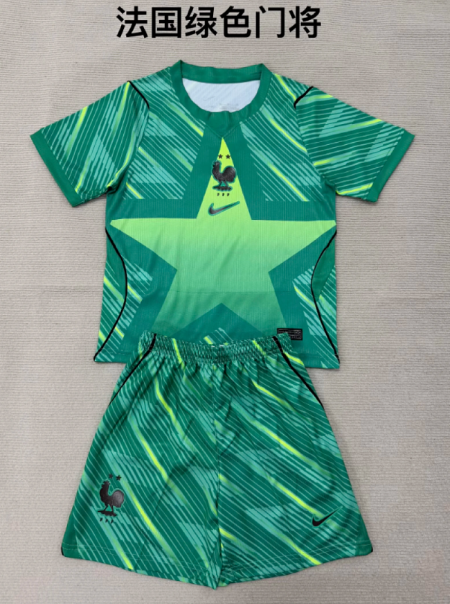 Youth Uniform Kids Kit 2026 France Green Goalkeeper Soccer Jersey Shorts Child Football Set