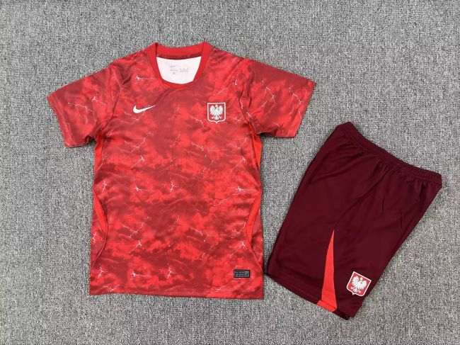 Youth Uniform Kids Kit Poland 2026 Away Red Soccer Jersey Shorts Child Football Set