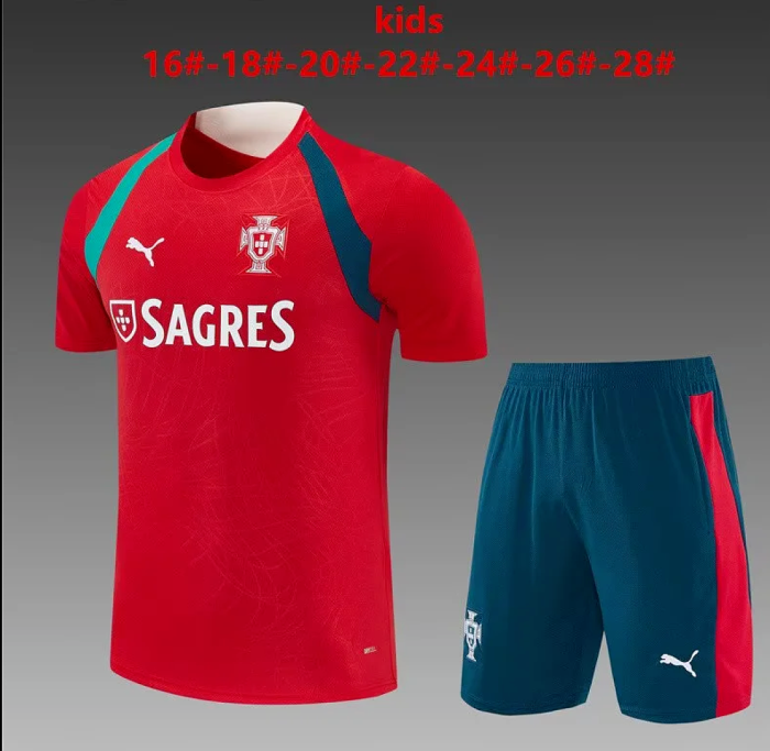 Youth Uniform Kids Kit 2026-2027 Portugal Red Soccer Training Jersey Shorts Child Football Set