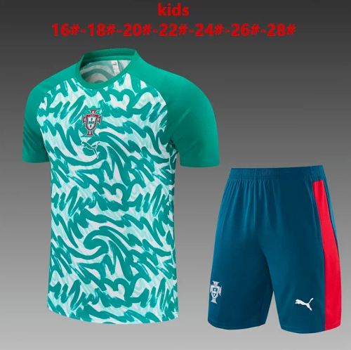 Youth Uniform Kids Kit 2026-2027 Portugal Green/White Soccer Training Jersey Shorts Child Football Set