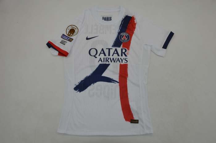 With League 1 Champions Patch Fan Version 2025-2026 PSG O.DEMBELE 10 Away White Soccer Jersey Paris Football Maillot