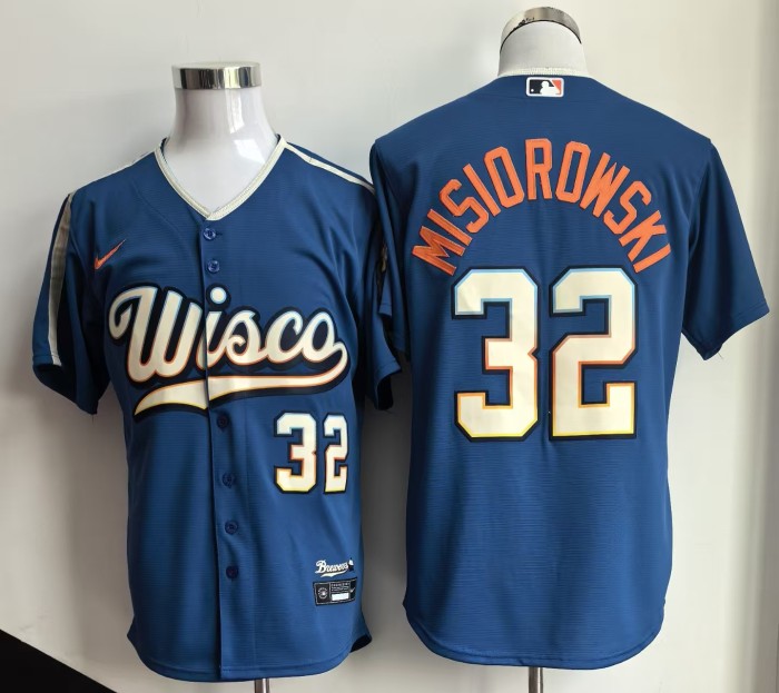 City Edition Milwaukee Brewers MISIOROWSKI 32 Blue BaseBall Cool Jersey MLB Shirt