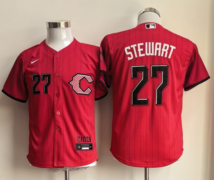 Youth Kids City Edition Cincinnati Reds STEWART 27 Red Cool Base Jersey Child MLB Shirt