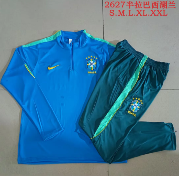 Youth 2026-2027 Brazil Blue/Green Soccer Training Sweater and Pants Child Football Kit
