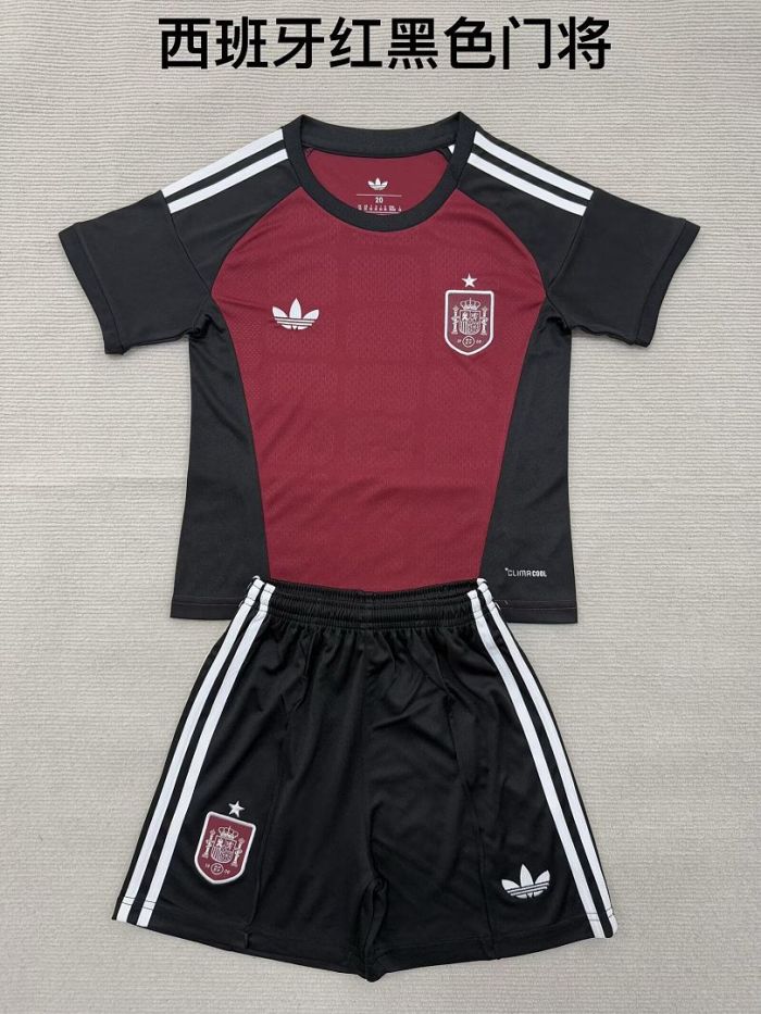 Youth Uniform Kids Kit 2026 Spain Red Goalkeeper Soccer Jersey Shorts Child Football Set