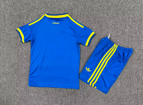 Youth Uniform Kids Kit Ukraine 2026 Away Blue Soccer Jersey Shorts Child Football Set