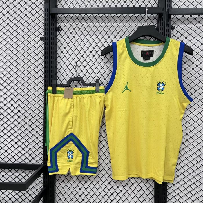 Adult Uniform 2026-2027 Brazil Yellow AJ Soccer Training Vest and Shorts Football Kits