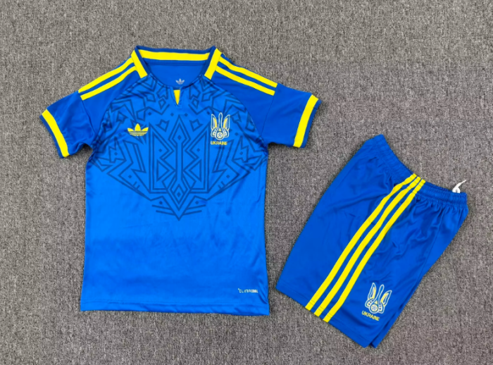 Youth Uniform Kids Kit Ukraine 2026 Away Blue Soccer Jersey Shorts Child Football Set