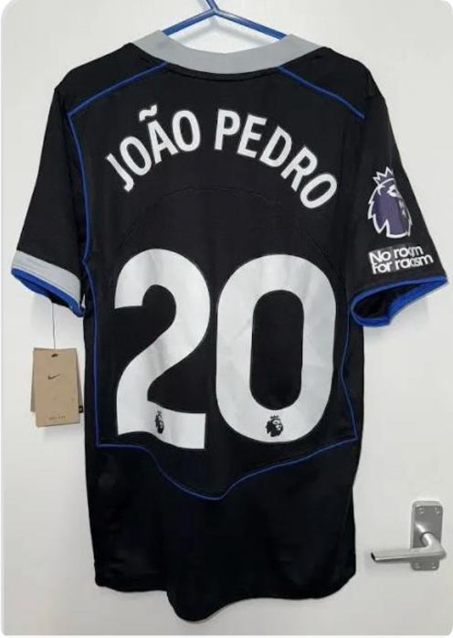 with EPL+No room for racism Patch Fan Version 2025-2026 Chelsea JOÃO PEDRO 20 Third Away Black Soccer Jersey Football Shirt