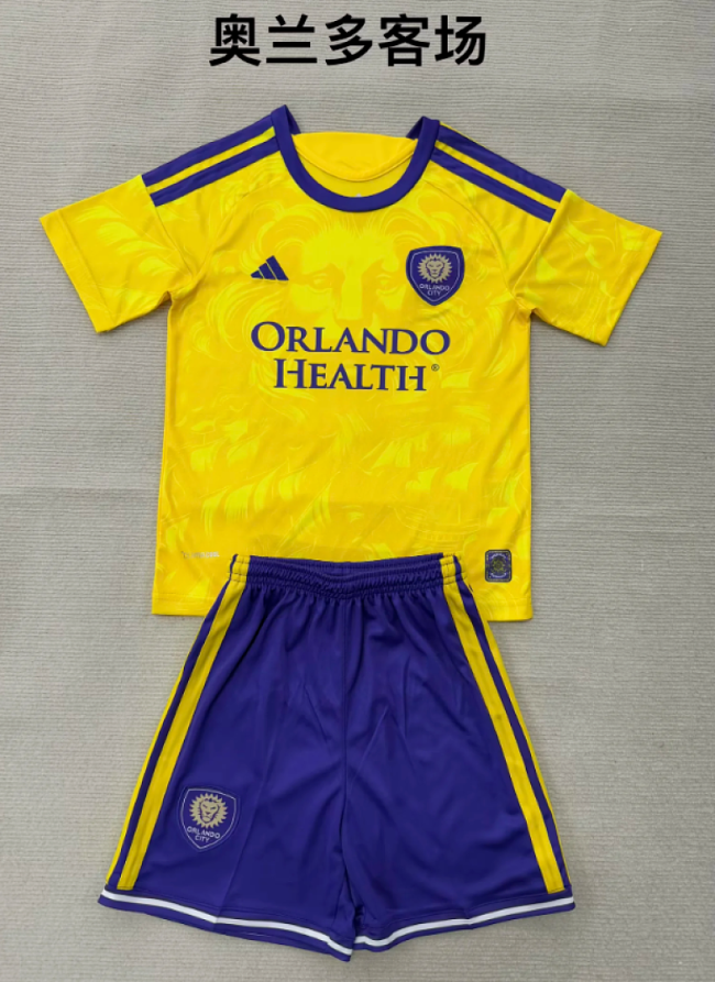 Youth Uniform Kids Kit Orlando City 2026-2027 Away Yellow Soccer Jersey Shorts Child Football Set