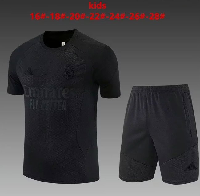 Youth Uniform Kids Kit 2026-2027 Real Madrid All Black Soccer Training Jersey Shorts Child Football Set
