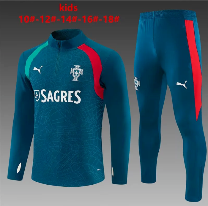 Youth 2026 Portugal Dark Green Soccer Training Sweater and Pants Child Football Kit