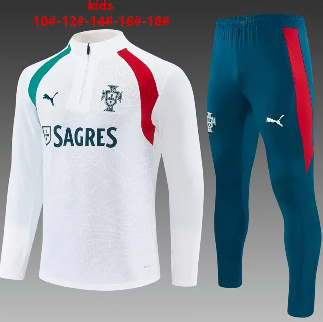 Youth 2026 Portugal White Soccer Training Sweater and Pants Child Football Kit