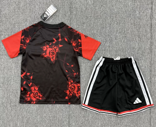 Youth Uniform Kids Kit 2026-2027 Manchester United Black/Red Rose Version Soccer Jersey Shorts Child Football Set