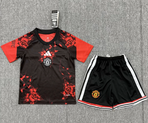 Youth Uniform Kids Kit 2026-2027 Manchester United Black/Red Rose Version Soccer Jersey Shorts Child Football Set