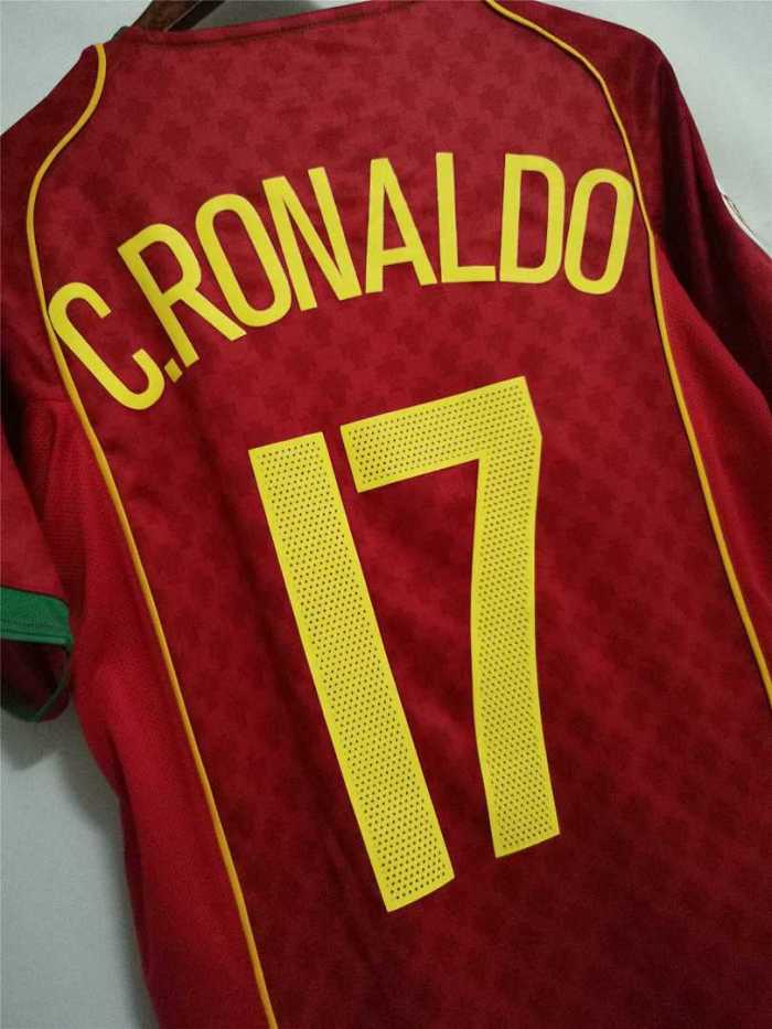 with Front Lettering+Patch Retro Jersey 2004 Portugal 17 C.RONALDO Home Soccer Jersey