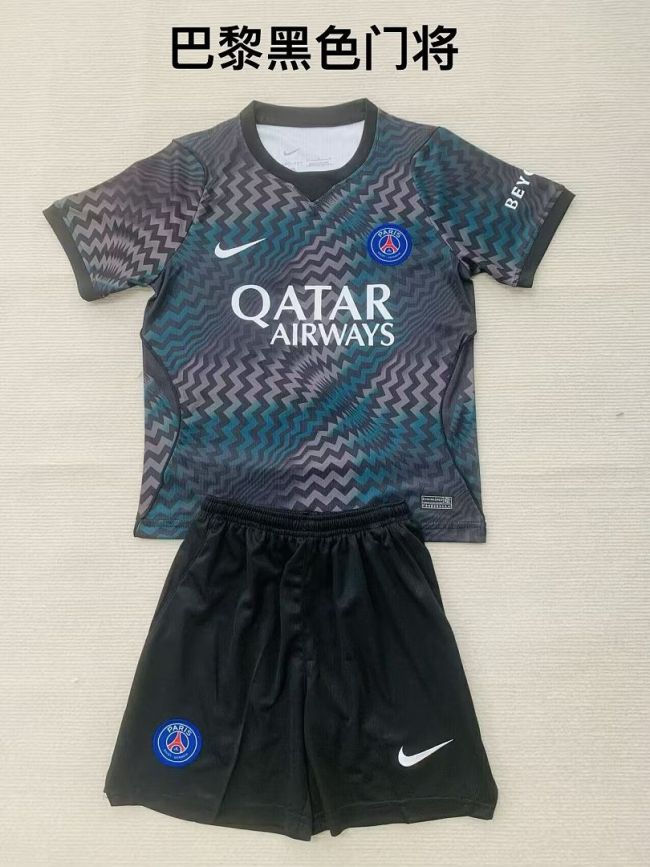 Youth Uniform Kids Kit 2026-2027 PSG Black Goalkeeper Soccer Jersey Shorts Paris Child Football Set