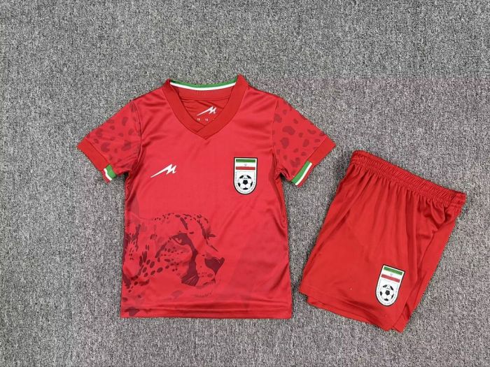 Youth Uniform Kids Kit 2026 Iran Away Red Soccer Jersey Shorts Child Football Set