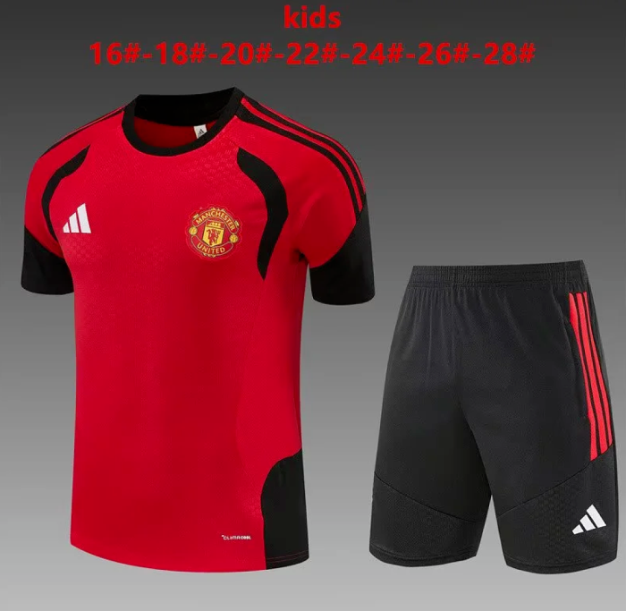Youth Uniform Kids Kit 2026-2027 Manchester United Red/Black Soccer Training Jersey Shorts Child Football Set