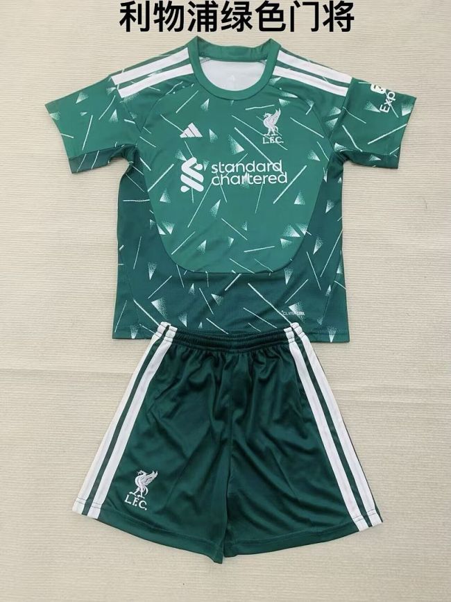 Youth Uniform Kids Kit 2026-2027 Liverpool Green Goalkeeper Soccer Jersey Shorts Child Football Set