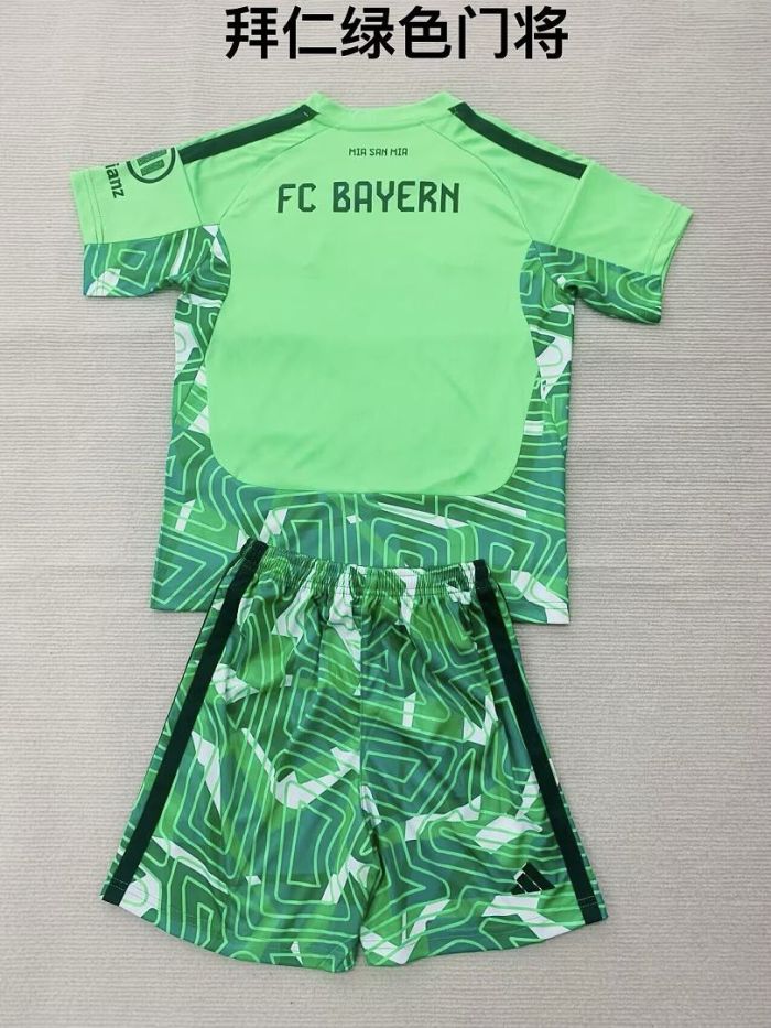 Youth Uniform Kids Kit 2026-2027 Bayern Munich Green Goalkeeper Soccer Jersey Shorts Child Football Set