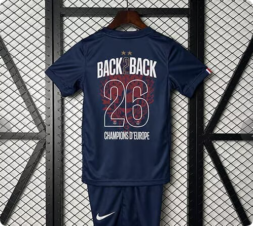 with 2 Stars Youth Uniform Kids Kit 2025-2026 PSG - Flocage Champions of Europe - 26 Home Soccer Jersey Shorts Paris Child Football Set