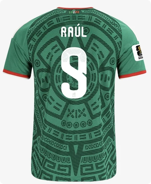 with FIFA World Cup Patch Player Version 2026 Mexico Raul 9 Home Soccer Jersey Football Shirt