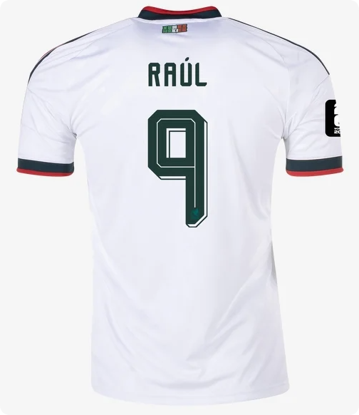 with FIFA World Cup Patch Fan Version 2026 Mexico Raul 9 Away White Soccer Jersey Football Shirt