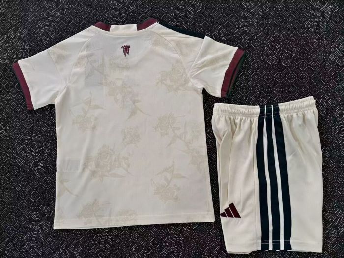 Youth Uniform Kids Kit 2026-2027 Manchester United Third Away White Soccer Jersey Shorts Child Football Set