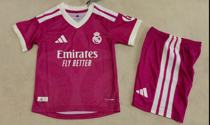 Player Version Youth Uniform Kids Kit 2026-2027 Real Madrid Third Away Pink Soccer Jersey Shorts Child Football Set